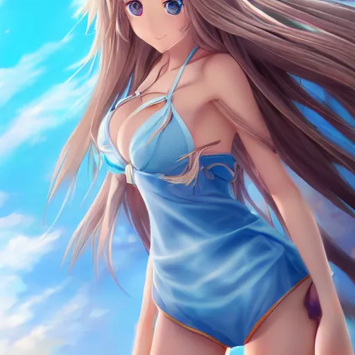 Image similar to a very beautiful mature yuuki asuna, full body, long wavy blond hair, sky blue eyes, full round face, bikini, miniskirt, front view, mid - shot, highly detailed, cinematic wallpaper by stanley artgerm lau
