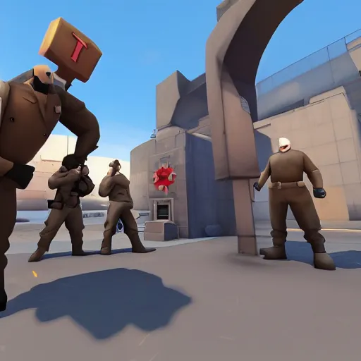 Prompt: team fortress 2 Heavy t-posing on the enemy Medic after killing the enemy Soldier, tf2 in-engine render