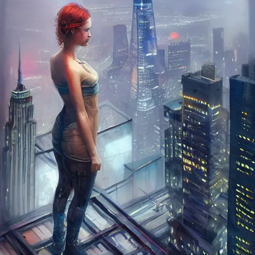 Prompt: “ girl standing on a roof looking down at a foggy futuristic new york city below, ghostpunk, cyberpunk, very detailed, by daniel gerhartz ”