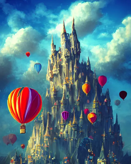 Image similar to flying cloud castle, buildings, baloons, atmosphere, glow, detailed, full of colour, cinematic lighting, trending on artstation, 4 k, hyperrealistic, extreme details, bright, blue sky, mountains, fantasy, masterpiece, art by wylie beckert