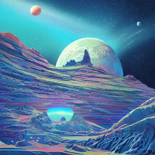 Prompt: space landscape, illustration painting, oil on canvas, intricate, portrait, detailed illustration, hd, digital art, overdetailed art, concept art, complementing colors, detailed, illustration painting by alex gray, digital art, overdetailed art, concept art, complementing colors rendered by beeple, syd meade, cgsociety