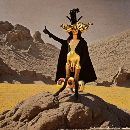 Image similar to salvador dali wearing a black costume with jewels and golden crown, in a dry rocky desert landscape, visible sky and sunny atmosphere, fata morgana film still from the movie by alejandro jodorowsky with cinematogrophy of christopher doyle and art direction by hans giger, anamorphic lens, kodakchrome, very detailed photo, 8 k