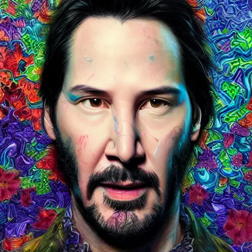 Image similar to portrait of keanu reeves, hyper detailed masterpiece, neon floral pattern, jean giraud, digital art painting, darkwave goth aesthetic, psychedelic, artgerm, donato giancola and tom bagshaw