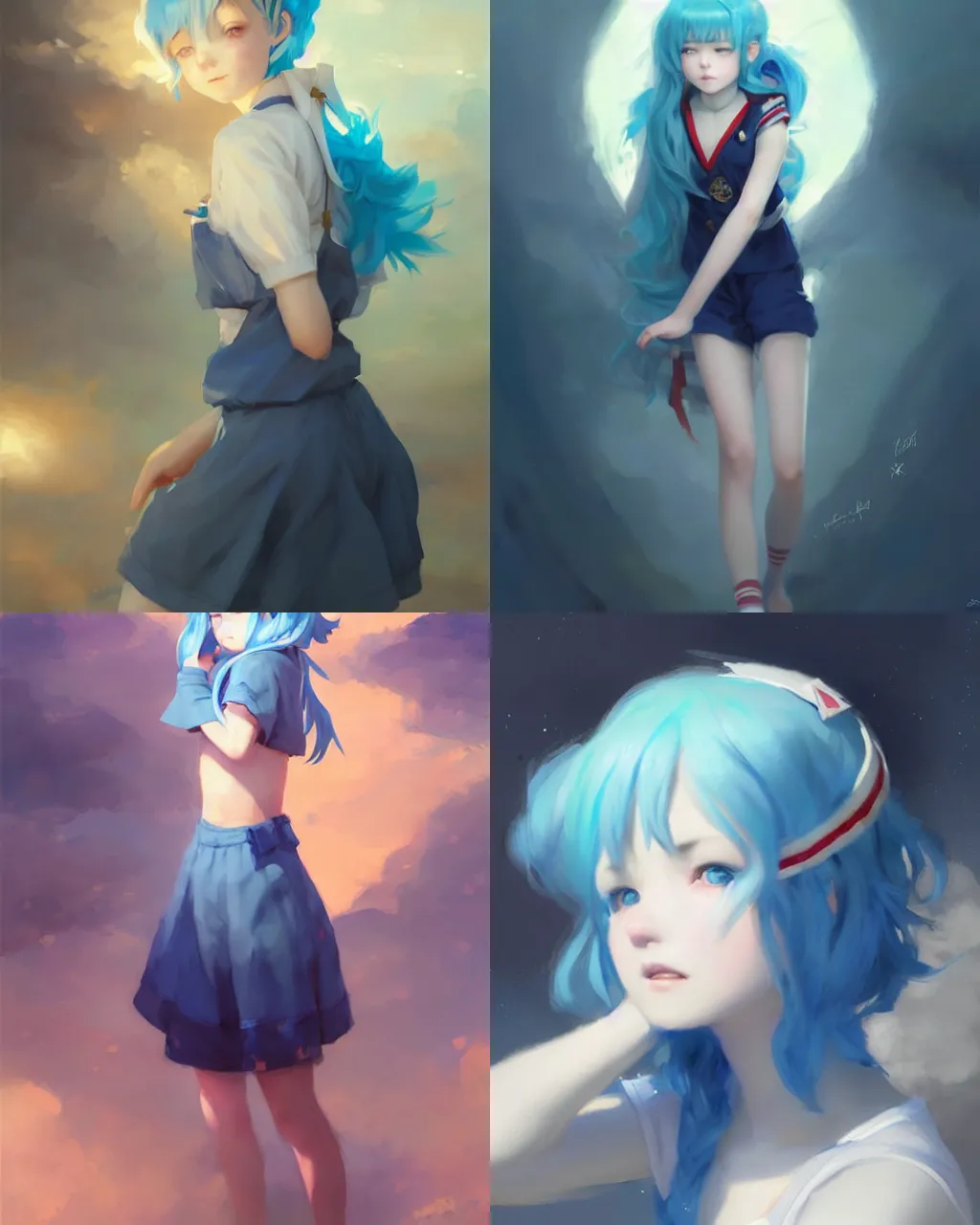 Prompt: girl with blue hair in sailor suit, half - length photo, illustration, exquisite lighting, perfectly shaded, soft painting, art by krenz cushart and wenjun lin