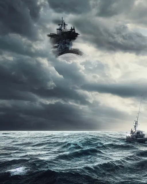 Prompt: a fishing boat on stormy seas, a gigantic star destroyer spaceship flying overhead, the gigantic star destroyer spaceship is emerging from storm clouds, sunset lighting, stormy weather, dramatic lighting, unreal engine, hyper realism, realistic shading, cinematic composition, realistic render, octane render, detailed textures, photorealistic, ultrawide shot, 1 6 mm lens