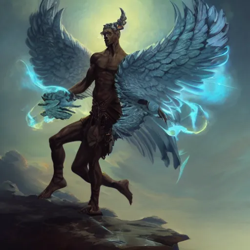 Prompt: full body shot of a male god with wings on his shoulder, digital art by raymond swanland and peter mohrbacher, 4 k,