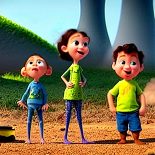 Image similar to pixar movie about kids playing in nuclear waste