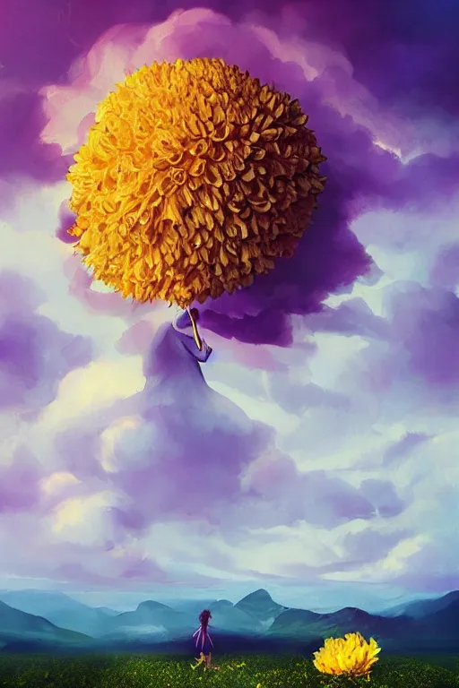 Image similar to closeup girl with giant yellow dahlia flower head, standing on mountain, surreal photography, blue storm clouds, dramatic light, impressionist painting, digital painting, artstation, simon stalenhag