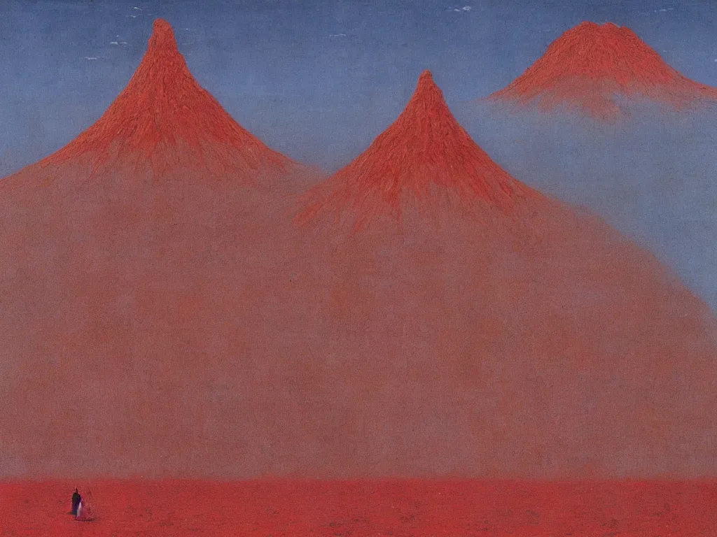 Image similar to Strange volcano made of cinnabar in the middle of the tsunami ocean. Painting by Beksinski, Roger Dean