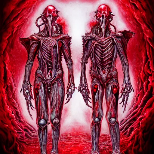 Image similar to conjoined demon twins emerging from corpses in a red hellscape covered in blood by Yoshitaka Amano, by HR Giger, biomechanical, 4k, hyper detailed, hyperrealism, anime, red sky, blood and body parts, deviantart, artstation