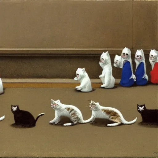 Image similar to some cats lined up outside wearing white masks by michael sowa.