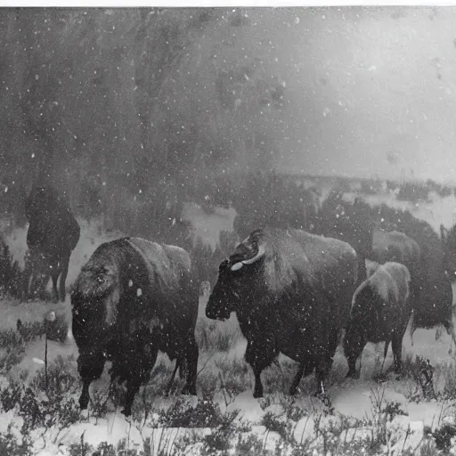 Prompt: photograph of a a cheyenne tribe hunting bison in a south dakato snow storm