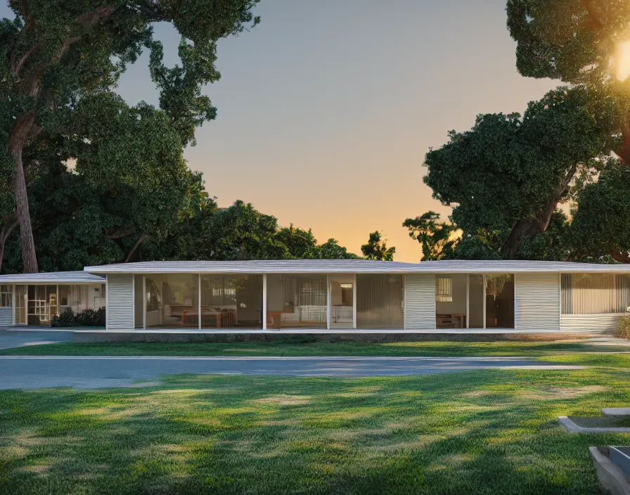 Prompt: EICHLER home, 1950s, by Asher Durand. solar power, intricate artwork, octane render, cinematic, hyper realism, golden hour, octane render, 8k, depth of field, bokeh. iridescent accents, vibrant.