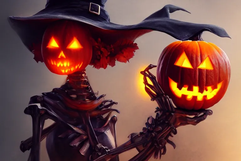 Image similar to portrait of a skeleton with a witch hat holding a jack - o - lantern, halloween night, charlie bowater, artgerm, ilya kuvshinov, krenz cushart, ruan jia, realism, ultra detailed, 8 k resolution