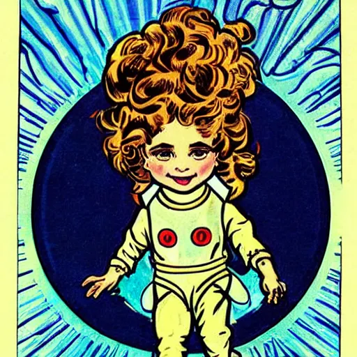 Image similar to a cute little girl with a mischievous face and short brown wavy curly hair. she is dressed as an astronaut. well composed, clean elegant painting, beautiful detailed face. comic book art by steve ditko and jack kirby and ( alphonse mucha )