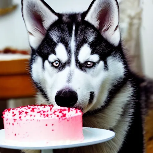 Prompt: a high - quality photo of a husky eating a birthday cake