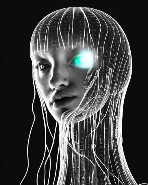 Image similar to black and white young cyborg-human-jellyfish-plant goddess high quality photo, microchip, artificial intelligence, bio-mechanical bio-luminescence, black wired cables, neurons, nerve cells, octane render, cinematic, rim light, hyper realism, photo-realistic, high detail, 8k, masterpiece, high fashion, in the style of Steven Meisel and Dora Maar and H.G. Giger