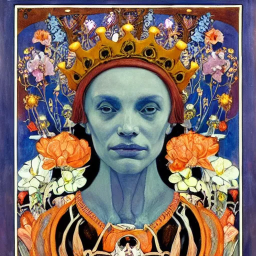 Prompt: the crown of flowers and bones, by Annie Swynnerton and Nicholas Roerich and Diego Rivera, bioluminescent skin, elaborate costume, geometric ornament, symbolist, cool colors, smooth, sharp focus, extremely detailed