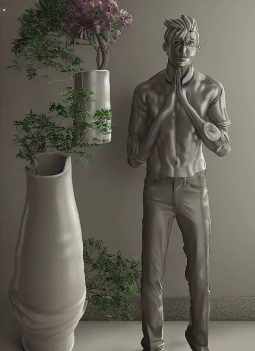 Image similar to a sculpture of a man standing next to a tall vase, a raytraced image by Hikari Shimoda, polycount, video art, vray tracing, ray tracing, rendered in unreal engine