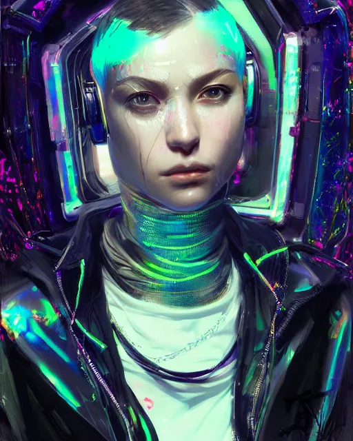 Prompt: detailed portrait Young Gangster Girl cyberpunk futuristic (neon) corporate styled hair Reflective holographic puffy cybernetic coat, decorated traditional ornaments by Hajime Sorayama ismail inceoglu dragan bibin hans thoma greg rutkowski Alexandros Pyromallis Nekro illustrated Perfect face, fine details, realistic shaded, fine-face, pretty face