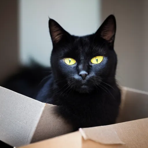 Prompt: a closeup depth of field shot of a black cat whose face is half black and half grey, perfectly split down the middle, laying in a box, photograph, bedroom, professional lighting and focus