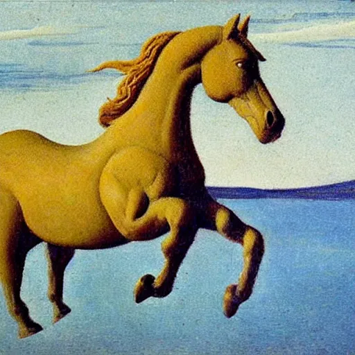 Prompt: A beautiful sculpture of a horse. The horse is shown running through a field with a flowing mane and tail. The background is a peaceful blue sky. Bondi blue by Paul Ranson, by Thomas Benjamin Kennington emotive, quiet