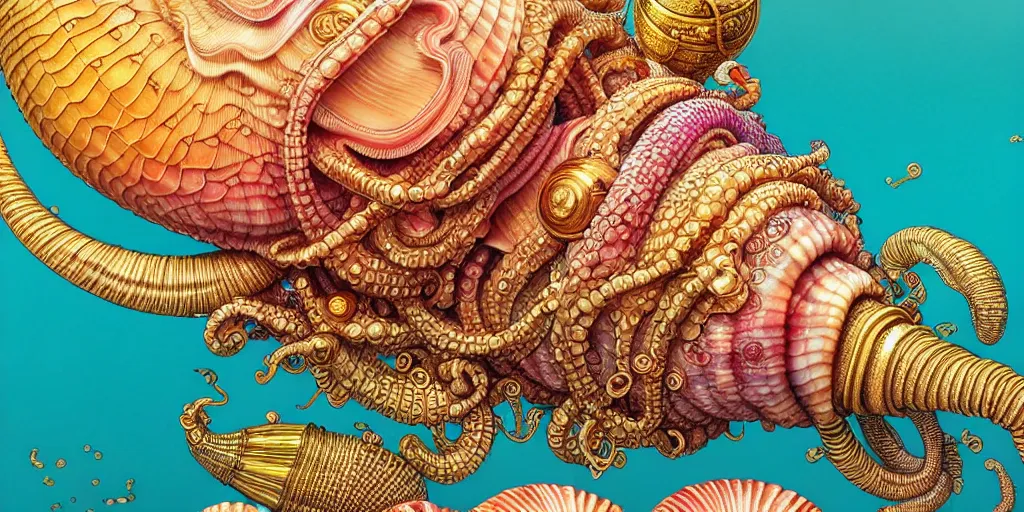 Prompt: hyper detailed conch shell, hindu god graphic illustration ocean life color palette detailed intricate gold linework + otomo, yoshitaka Amano, hiroshi yoshida, moebius, loish, artgerm, symmetrical and detailed 3d render