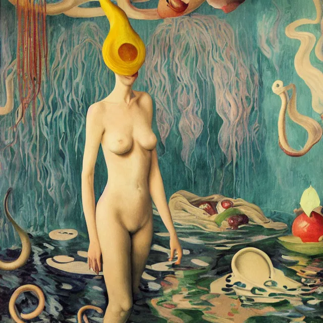 Image similar to tall female artist holding a nautilus in her flooded kitchen, pomegranates, octopus, water gushing from ceiling, painting of flood waters inside an artist's apartment, a river flooding indoors, candles, ikebana, zen, rapids, waterfall, black swans, canoe, berries, acrylic on canvas, surrealist, by magritte and monet