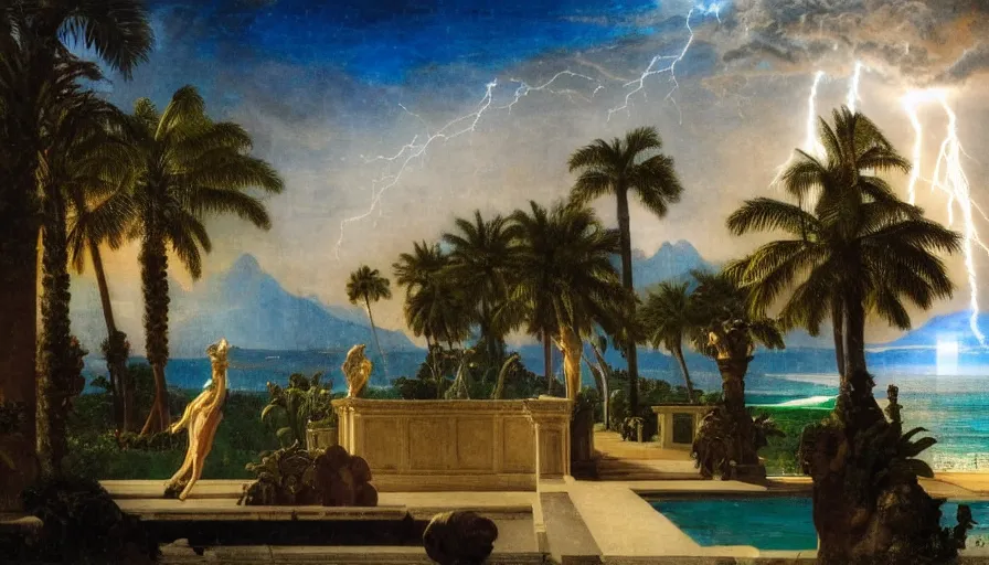 Image similar to Palace of the occult, mediterranean balustrade and columns, refracted sparkles, thunderstorm, greek pool, beach and Tropical vegetation on the background major arcana sky and occult symbols, by paul delaroche, hyperrealistic 4k uhd, award-winning, very detailed paradise