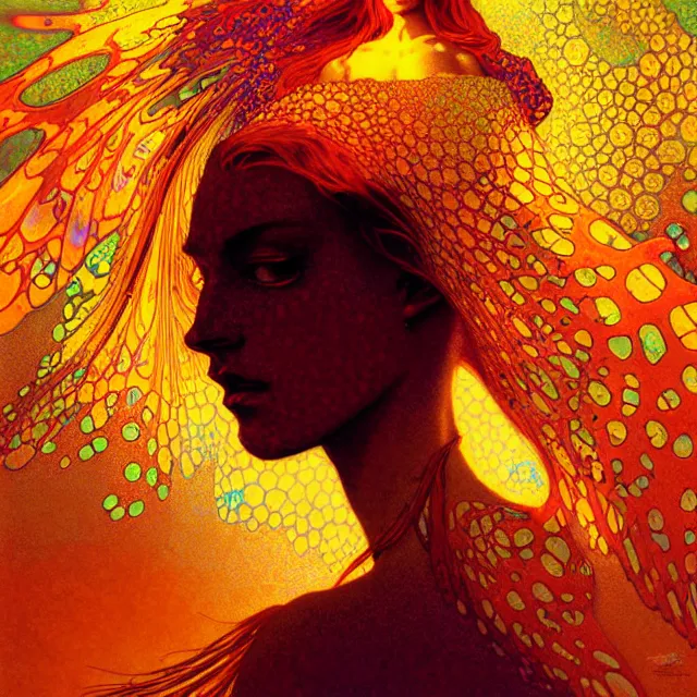 Image similar to psychedelic transcendent freckled face mind bending psychedelic wings of glossy liquid honey flowing like kaleidoscopic translucent holograph, lsd feathers, honey wind, enlightenment, high contrast dappled lighting, refracted sunset, highly detailed, concept art, art by collier, albert aublet, krenz cushart, artem demura, alphonse mucha