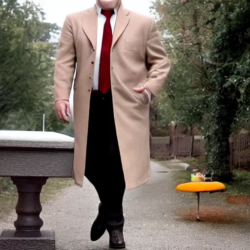 Prompt: full length shot : : clean - shaven smiling white chubby italian american man in his 4 0 s wearing a brown long overcoat overcoat overcoat overcoat and necktie and black shoes shoes shoes holding a burger, 2 0 0 6 advertising promo shot