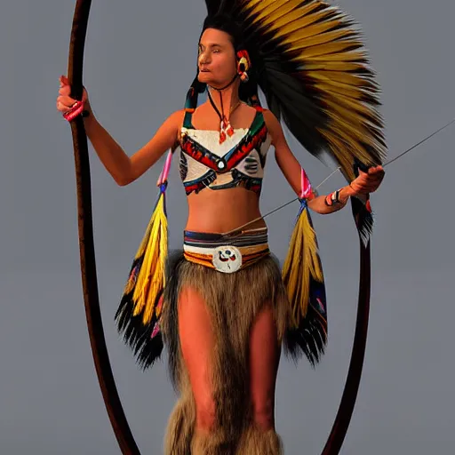 Image similar to a woman dressed in native american clothing holding a bow and arrow, a fine art painting by john clayton, deviantart, fantasy art, daz 3 d, mystical