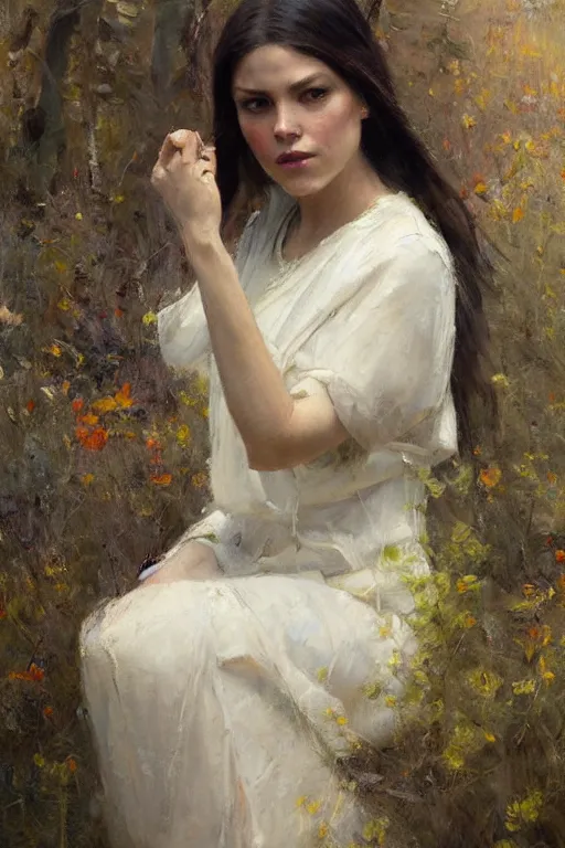 Prompt: Richard Schmid and Jeremy Lipking and Brom full length portrait painting of a young beautiful priestess woman