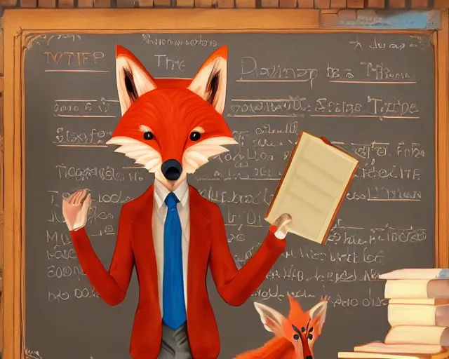 Image similar to award - winning extremely detailed fantasy art of a cute male anthropomorphic vulpes vulpes fulva teacher wearing suit working at a school, 4 k