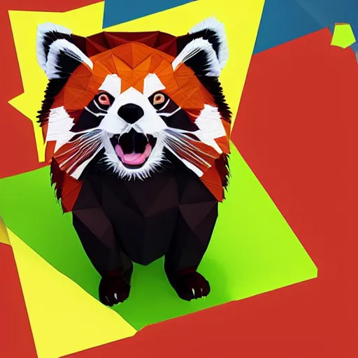 Prompt: low poly red panda as a super hero saving people