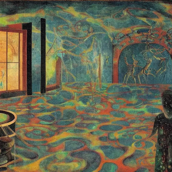 Prompt: interior of an old house flooded. african masks. aurora borealis. iridescent, psychedelic colors. painting by balthus, piero della francesca, agnes pelton, bosch, utamaro, monet