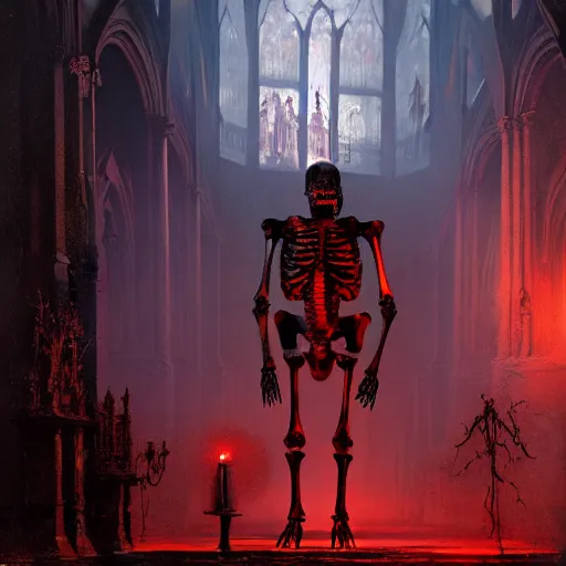 Prompt: full body pose monster skeleton flesh, scary, terrifying, volumetric lighting, gothic church on background, red glow, by greg rutkowski and ivan shishkin