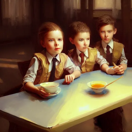 Prompt: expressive oil painting, of four! children sitting around table, seductive look, smirking, smooth school uniform, seriuus look, made from beads, glamour shot, by yoshitaka amano, by greg rutkowski, digital art, octane render, artstation, grunge aesthetic