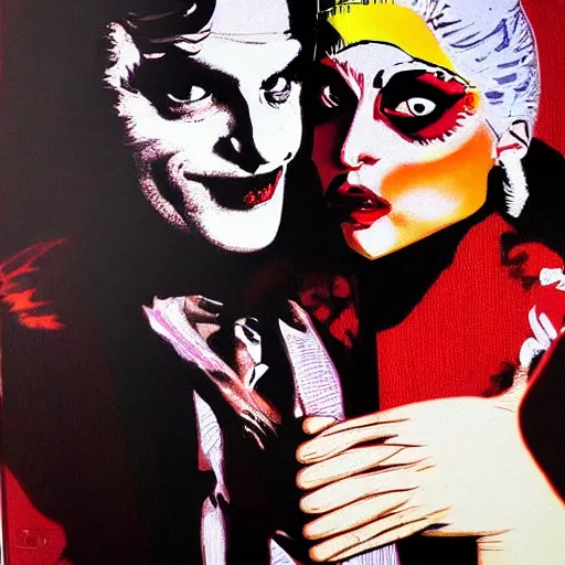 Prompt: mimmo rottela and banksy as joaquin phoenix skinny joker holding hand lady gaga harley queen, photorealistic, intricate details, pop art style, baroque, hyperdetailed