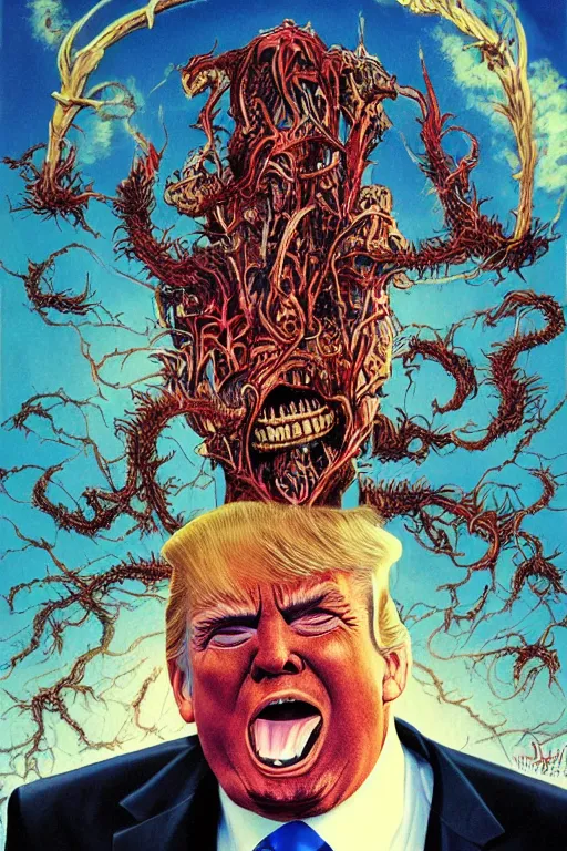 Prompt: donald trump's disgusting true form, horror, high details, intricate details, by vincent di fate, artgerm julie bell beeple, 90s, inking, vintage 60s print