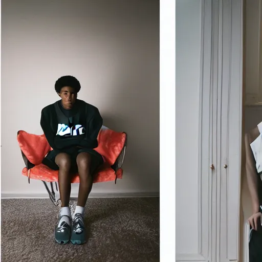 Image similar to realistic! photoshoot for a new nike lookbook, color film photography, portrait of a beautiful woman, location in a apartment, highly detailed, 8K, in style of tyler mitchell, 35mm