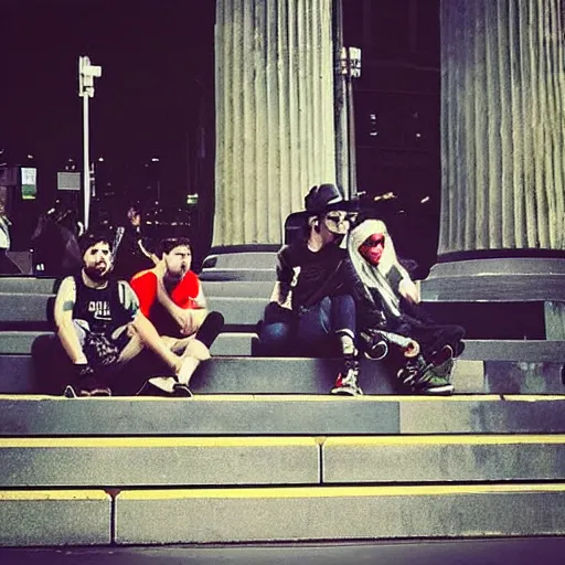 Prompt: “Melbourne goth hipsters in the near future year of 2070 sitting on the steps of Flinders station. Sci-fi. Painting”