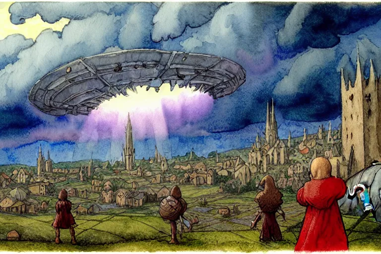 Image similar to a hyperrealist watercolor concept art of dozens of alien ufos in the sky above a medieval city during a thunderstorm. a dirty medieval peasant child is in the foreground. very muted colors, by rebecca guay, michael kaluta, charles vess. high detail, hq, wide shot, 4 k