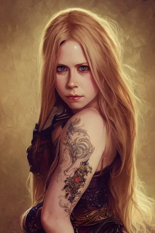 Image similar to portrait of avril lavigne, 3 0 years old, upper body, d & d, fantasy, intricate, elegant, highly detailed, digital painting, artstation, concept art, smooth, sharp focus, illustration, art by artgerm and greg rutkowski and alphonse mucha