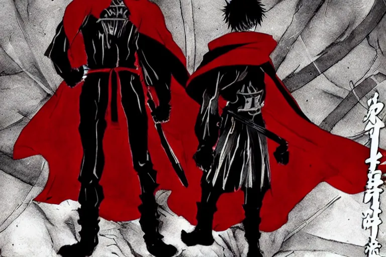 Image similar to a twin blade muscular swordsman, red and black cape and hoodie, scary, intimidating, worn out clothes, torn clothes, as a manga by Masashi Kishimoto