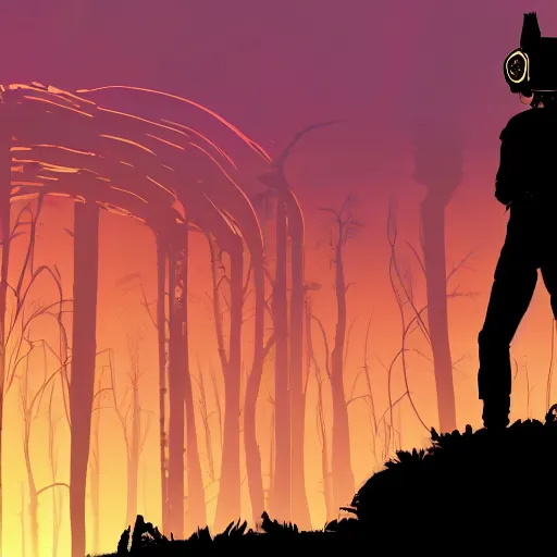 Image similar to in the style of max prentis and deathburger and laurie greasley a silhouette of two young explorers wearing cyberpunk headpieces watching the sunset in the distance from within a lush cave, highly detailed, 8k wallpaper