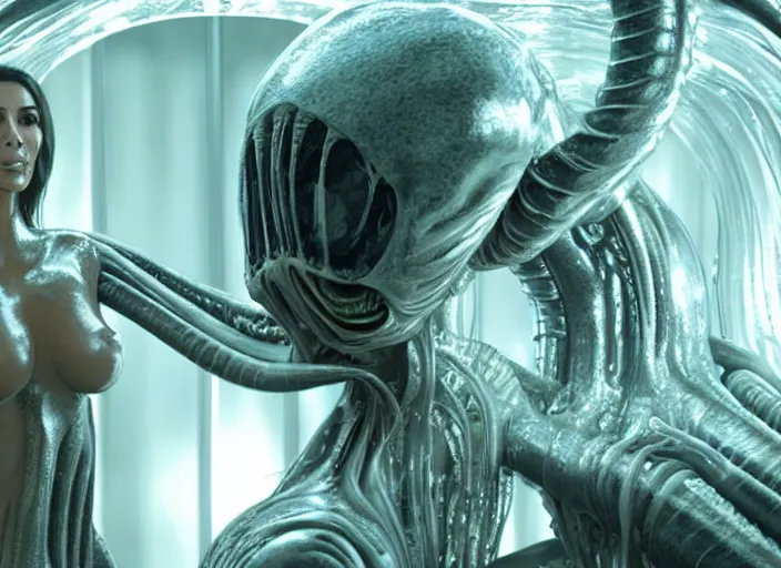 Image similar to film still of kim kardashian being held tightly by an xenomorph slathered in a transparent alien liquid, wet flowing hair, gooey skin, illustration, unreal engine 5, 8 k, directed by h. r. giger.