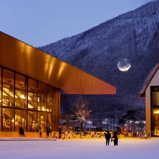 Image similar to winter town centre inspired by Peter Zumthor,bus,people walking winter sunset,full moon,p