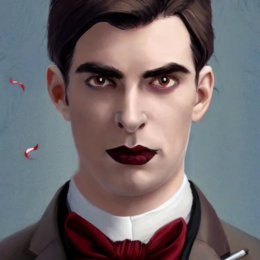 Prompt: a victorian doctor with a gun, young man, clean shaven, red eyes, very pale, vampire, dark brown duster, short brown hair, brooding, character art, full body art, Dungeons and Dragons, D&D, trending on artstation, artgerm, 4k ultra hd, sharp focus, highly detailed, digital art by Ilya Kuvshinov and Ross Tran,