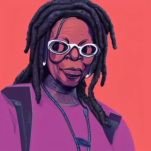 Image similar to cyberpunk robotic whoopi goldberg, sharp lines, digital, artstation, colored in